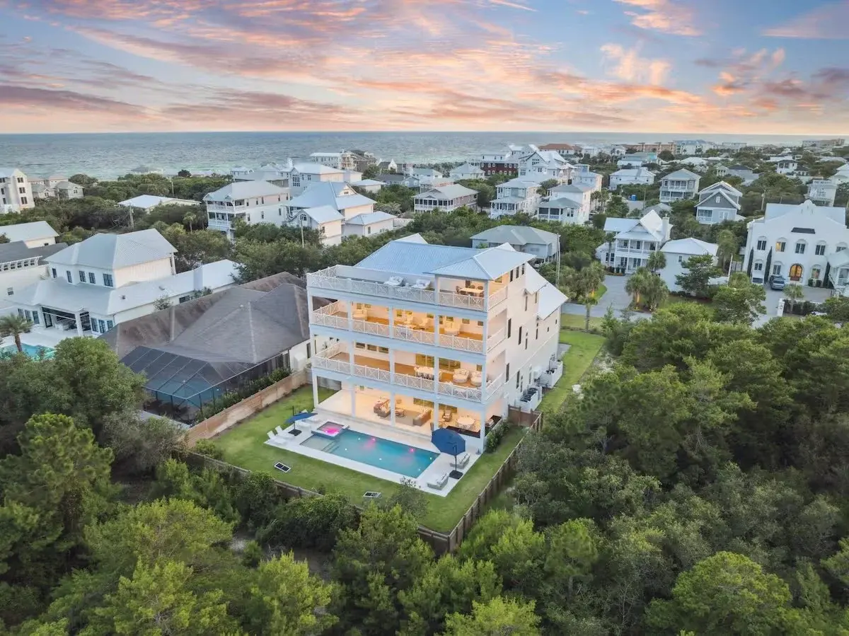 Aerial view of the beachside villa at sunset